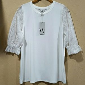 Worthington Round Neck Top W/ Lace Sleeve Detail